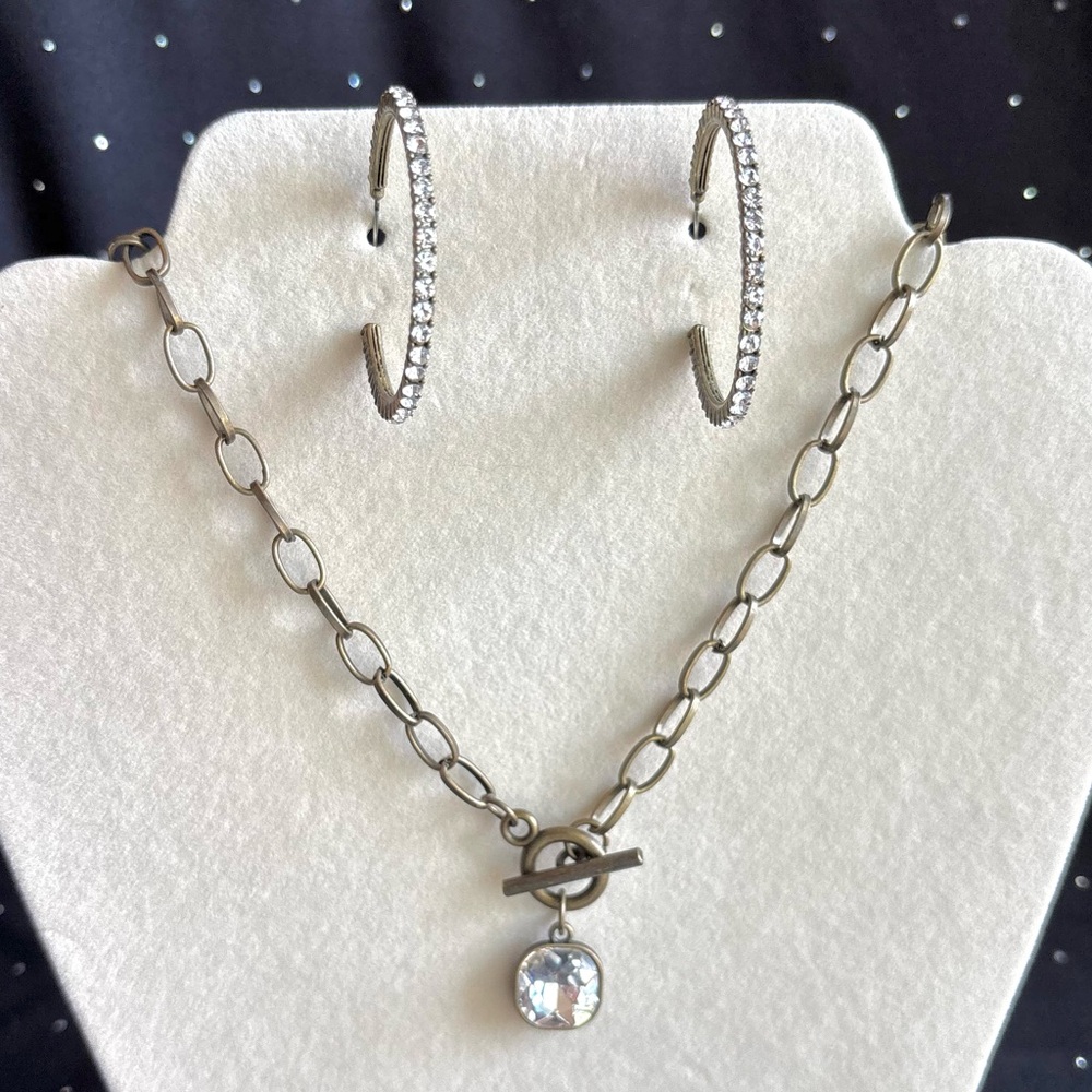 Brass Crystal Toggle Pendant Necklace and Hoop Earrings Set